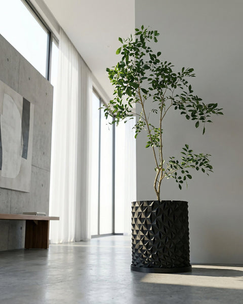 A black planter pot with a geometric design holds a leafy plant in a modern, minimalist room with large windows.