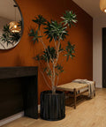 A black planter pot with a plant sits on a dark wood table. A round mirror hangs on the wall behind the plant.