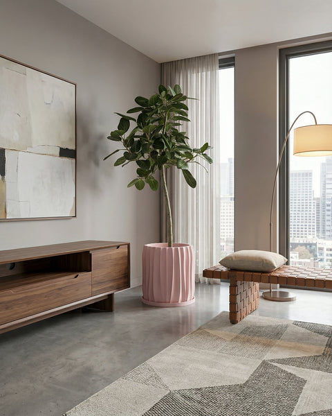 A pink planter pot with a green plant sits on a wooden table next to books and a gold lamp.