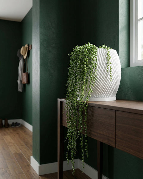 A string of pearls plant spills from a white, textured planter pot on a wooden console table in a room with dark green walls.
