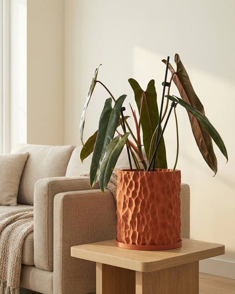 A textured orange planter pot sits on a wooden table next to a beige couch. The pot contains a green plant with long leaves.