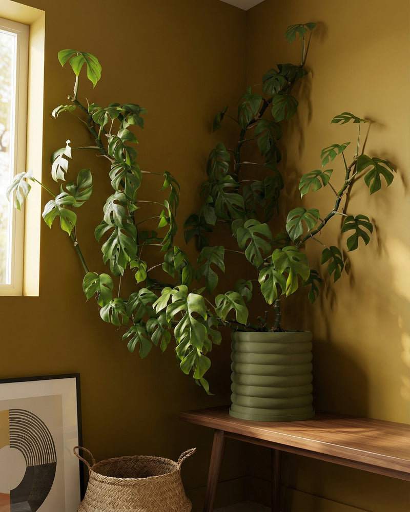 A large Monstera plant in a green, ribbed planter pot sits on a wooden table next to a window and a woven basket.