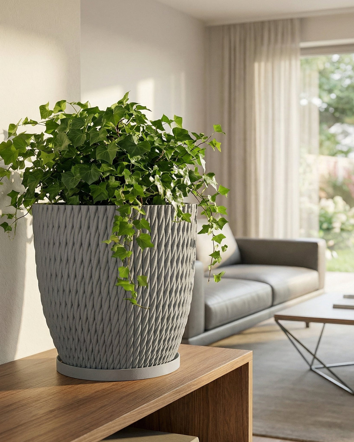 A gray planter pot with a green ivy plant sits on a wooden table in a living room setting.