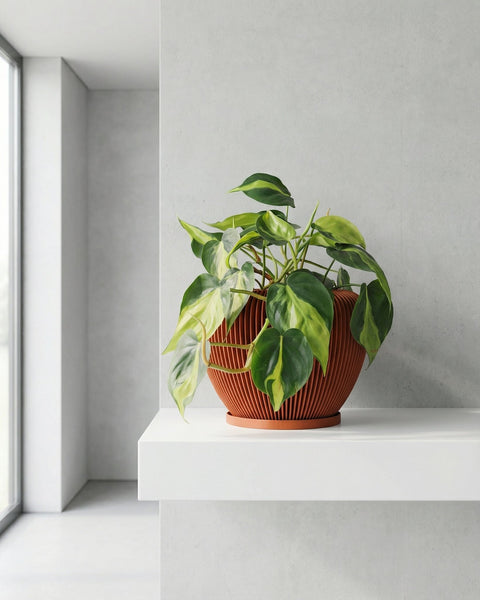 A Philodendron plant in a brown planter pot sits on a white shelf in a modern, minimalist room.