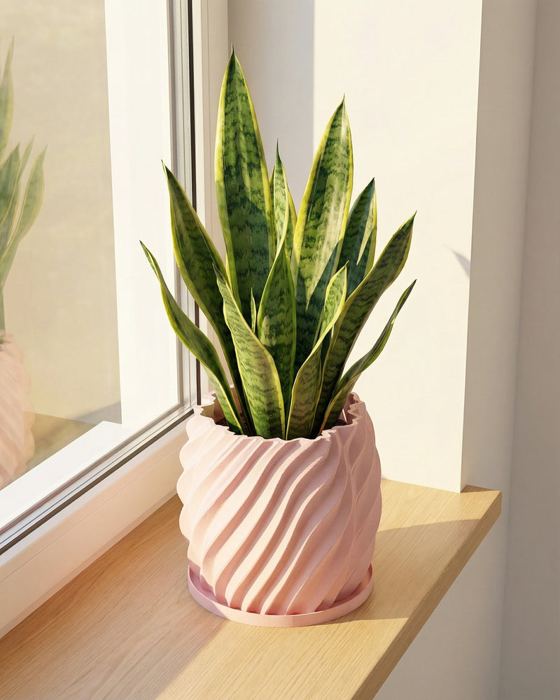 A snake plant in a pink, spiral-designed planter pot sits on a wooden shelf next to a window.