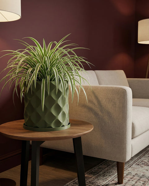 A green planter pot with a spider plant sits on a wooden table next to a beige couch.