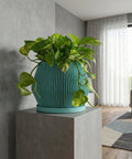 A vibrant green planter pot sits atop a wooden cabinet, overflowing with lush, trailing greenery. The pot's ridged texture contrasts with the smooth surface of the cabinet, creating a visually appealing focal point in the room.