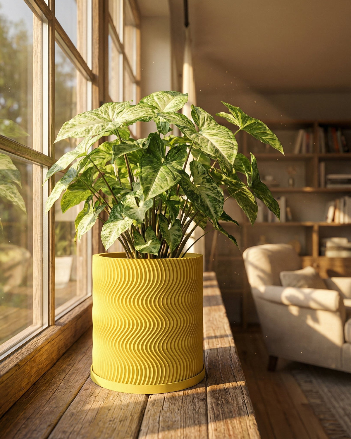 A vibrant green plant sits in a yellow, wavy-textured planter pot on a wooden windowsill, bathed in warm sunlight.