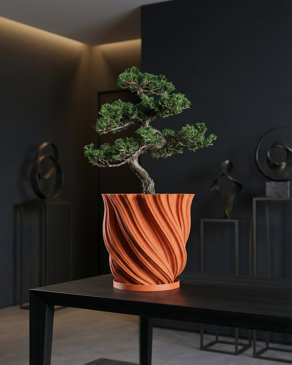 A spider plant in a textured, terracotta-colored pot sits on a white windowsill, bathed in soft, natural light.