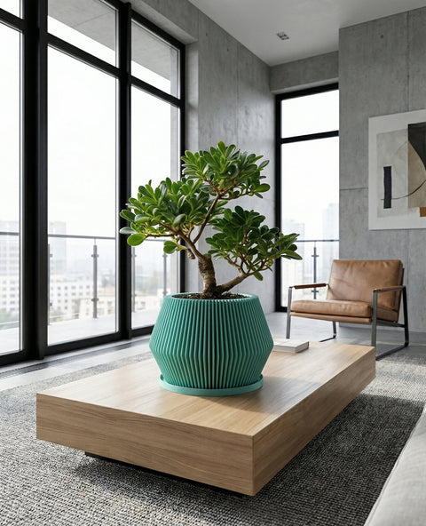 A Monstera plant in a teal planter pot with a ridged design sits on a gray floor. The plant has large, variegated green and white leaves. In the background, there is a white cabinet, curtains, and a rug.