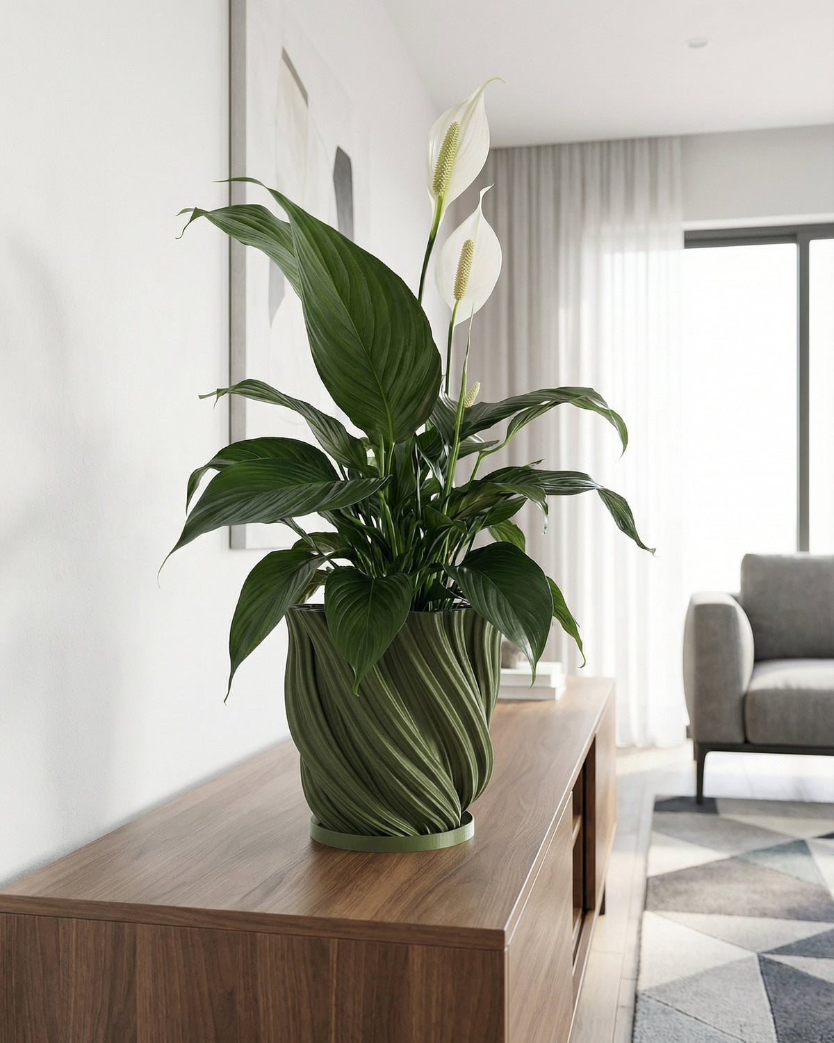 A green planter pot with a plant sits on a wooden table in a room with a rug and a basket hanging on the wall.