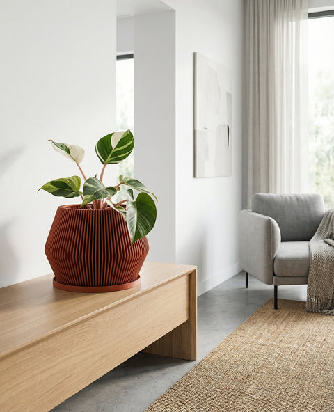 A money tree plant sits in a ribbed, terracotta-colored planter on a wooden cabinet. The cabinet also holds books and a geometric sculpture. A large window with sheer curtains is in the background, offering a view of a city skyline.