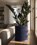 A ZZ plant is potted in a dark blue planter with a wavy design. The planter sits on a wooden surface near a window.