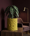 A yellow planter with a green plant sits on a wooden table. A chair and lamp are in the background.