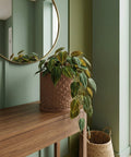 A brown planter pot with a plant on a wooden table next to a mirror and a basket.