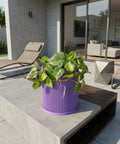 A vibrant purple planter pot filled with lush green plants sits on a modern outdoor table, adding a pop of color to the patio setting.