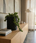 A pothos plant in a black planter sits on a wooden windowsill, bathed in sunlight. The planter has a woven texture.