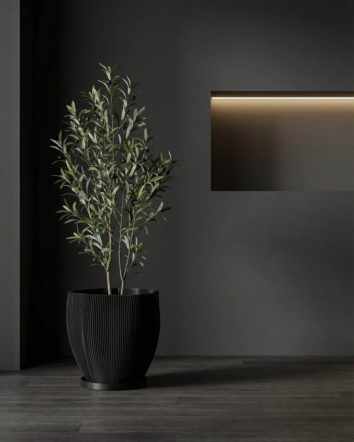 A tall plant in a black, textured planter pot sits on a dark wooden floor. The pot has a unique, swirling pattern.