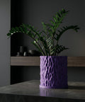 A purple planter pot with a ZZ plant on a gray table in front of a gray wall.