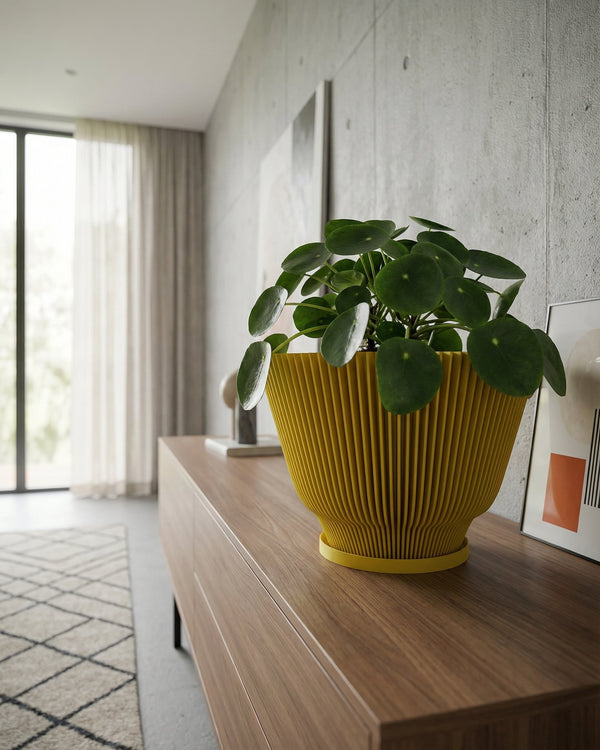 A close-up shot showcases a vibrant yellow planter pot with a unique ribbed texture, holding a lush green Pilea peperomioides, commonly known as the Chinese money plant. The pot sits atop a sleek, wooden dresser, with a modern art piece and decorative object subtly placed in the background. The scene is bathed in soft, natural light, highlighting the plant's glossy leaves and the pot's distinctive design.