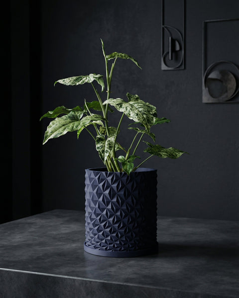 A dark blue planter pot with a geometric design sits on a dark gray table. A plant with green and white leaves is in the pot.