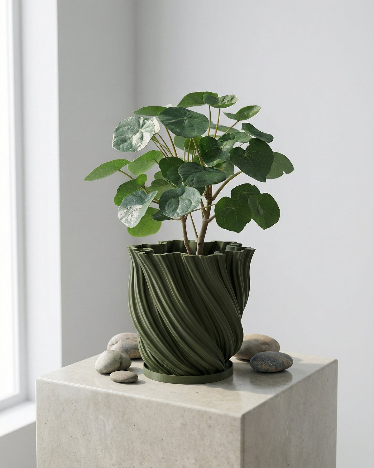 A green planter pot with a plant next to a gray chair in a room with green walls.