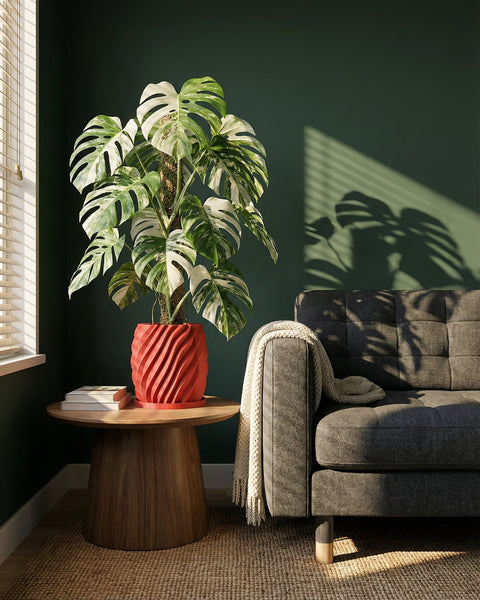 A Monstera plant in a red planter sits on a wooden table next to a gray couch with a white blanket.