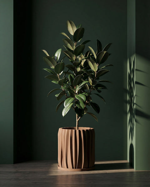 A brown planter pot with a green plant sits on a wooden bench in a room with dark green walls.