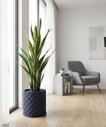 A navy blue planter pot with a textured, rope-like design, holding a lush green tree, sits in a stylish entryway.