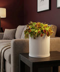 A Venus flytrap plant in a white, ridged planter pot sits on a dark wood side table next to a gray couch.