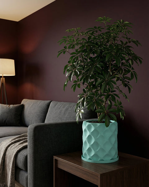 A teal planter pot with a plant sits on a dark wooden table next to a gray couch with a blanket.