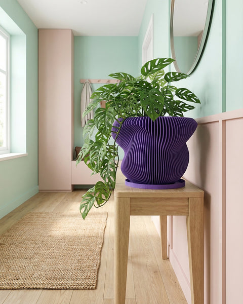 A purple planter pot with a spider plant sits on a wooden table in front of a gray couch and a dark green wall.