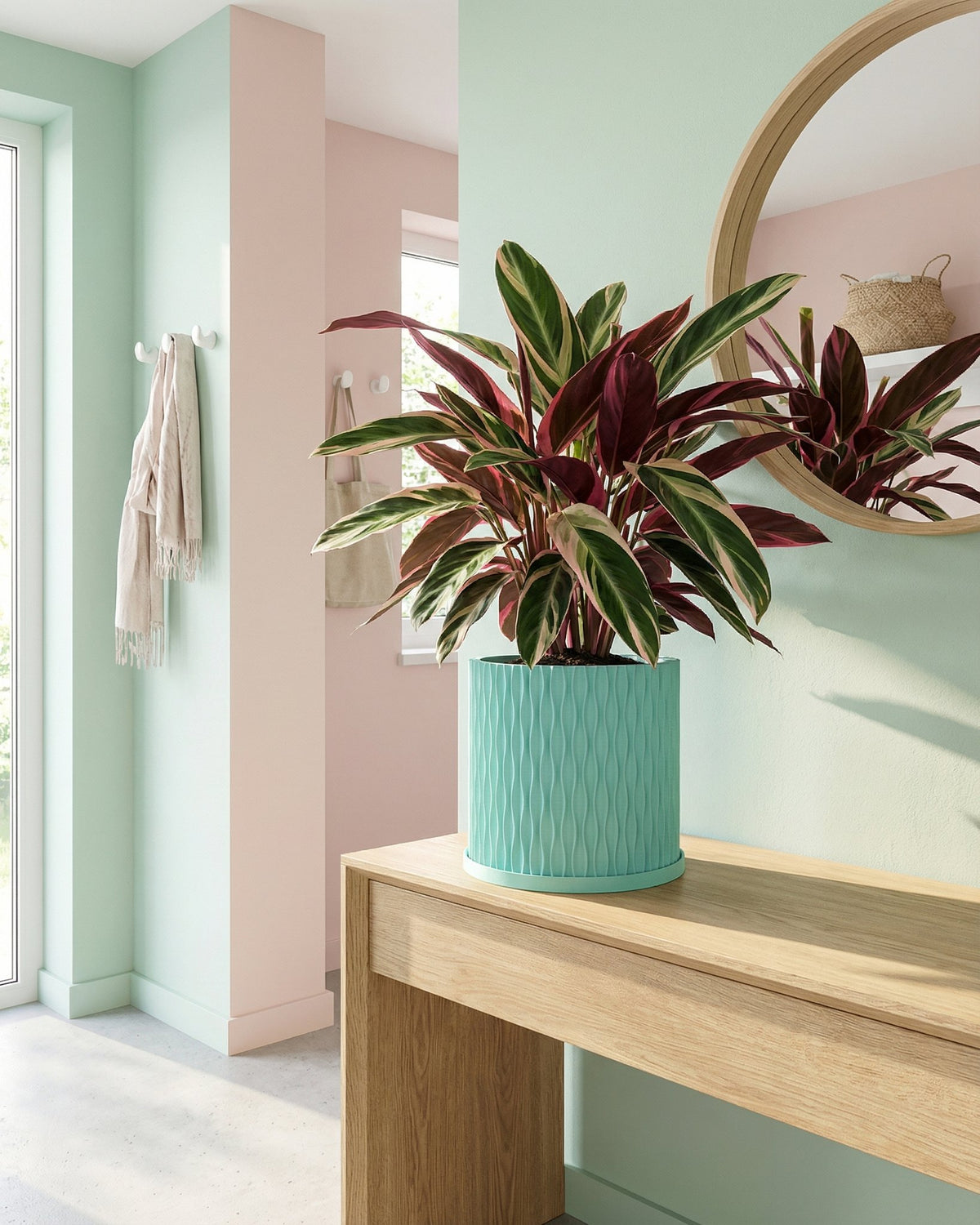 A turquoise planter with a trailing plant sits on a wooden table in a hallway with dark green walls and a jute rug.