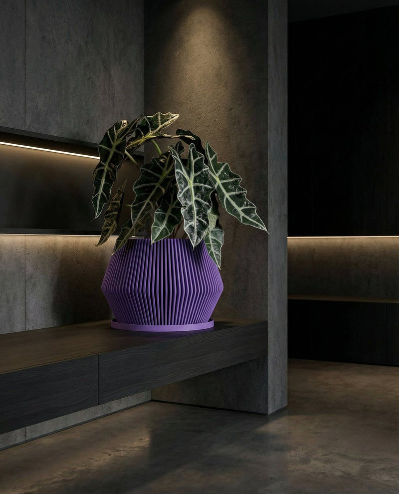 A vibrant purple planter pot sits atop a light wood cabinet, showcasing a lush green plant. A modern lamp and framed artwork add to the stylish interior. The planter's unique ribbed design complements the room's contemporary aesthetic.