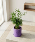 A vibrant purple planter pot with a green plant on a concrete table, showcasing its unique design and color.