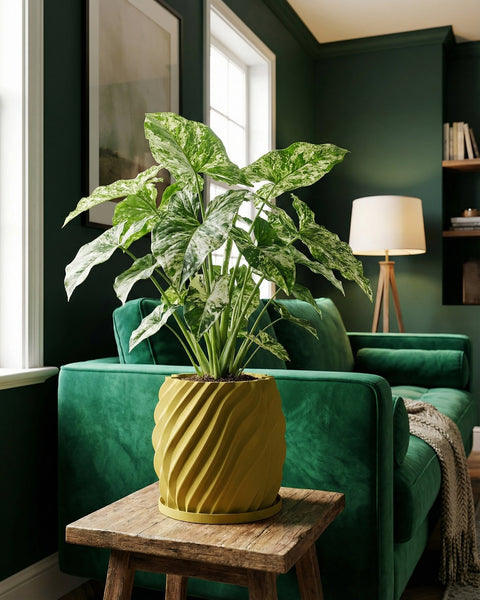 A vibrant indoor scene featuring a lush green plant in a stylish yellow planter pot, set on a rustic wooden table against a backdrop of a green sofa.