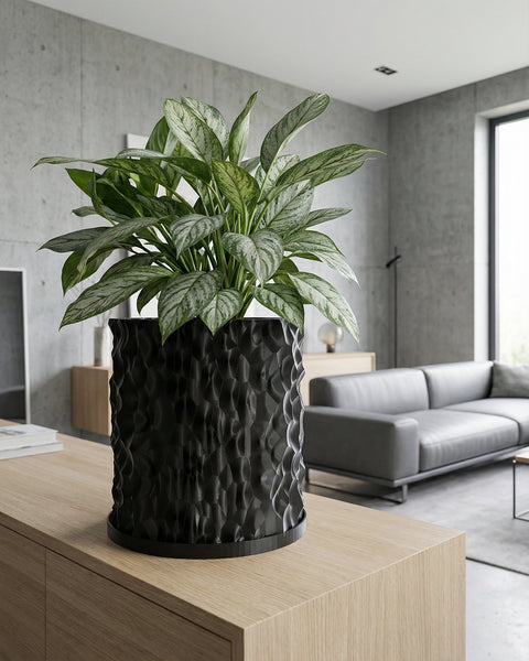 A black planter pot with a textured surface sits on a light wood cabinet in a modern living room. A plant with green and silver leaves is in the pot.