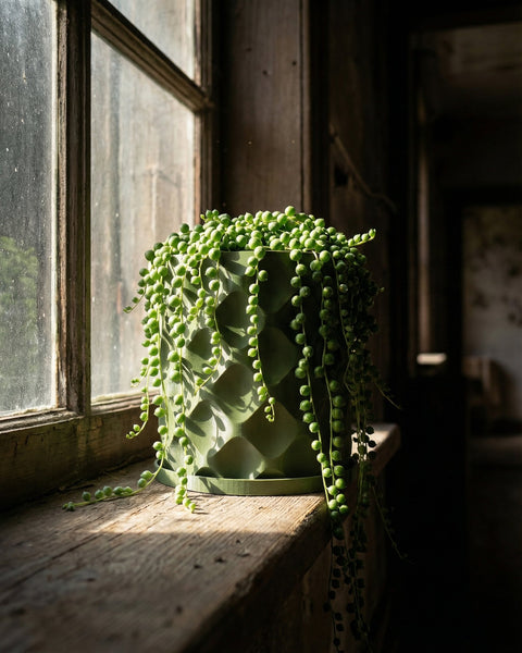 A string of pearls plant in a green planter pot sits on a wooden windowsill bathed in sunlight.