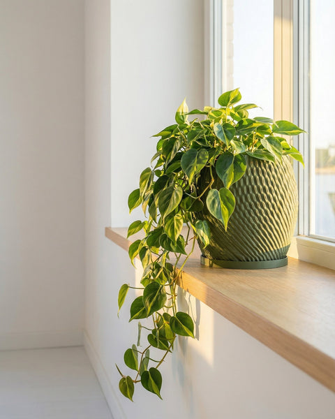 A green planter pot with a houseplant sitting on a windowsill.