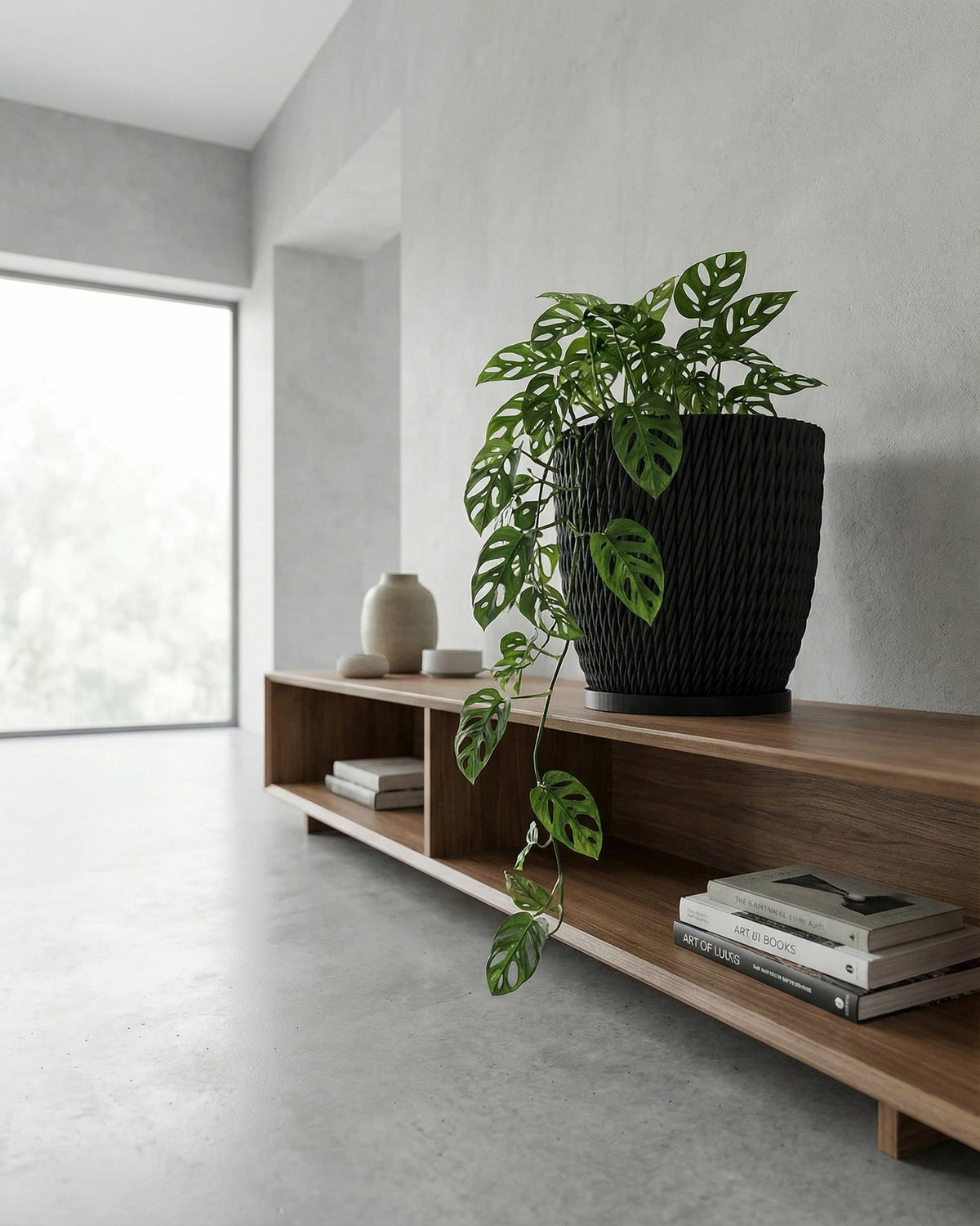 A black planter pot with a plant sits on a wooden shelf next to books and decorative objects in a minimalist room.