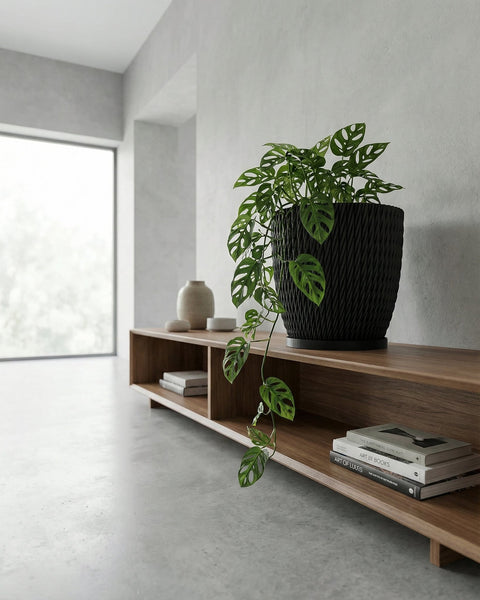 A black planter pot with a plant sits on a wooden shelf next to books and decorative objects in a minimalist room.
