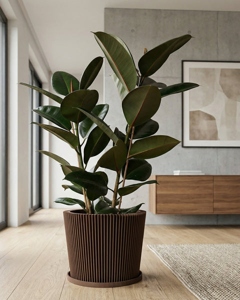A brown geometric planter pot with a green banana plant sits on a gray shelf against a dark red wall.