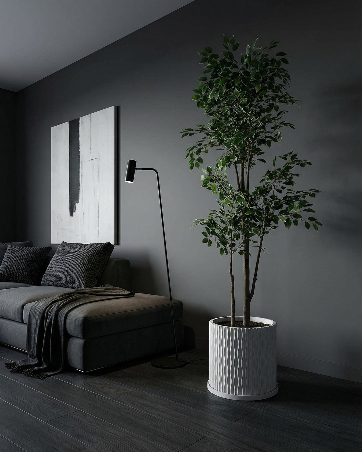 A potted Alocasia plant sits on a wooden shelf in front of a window. The plant is in a white, textured planter pot.