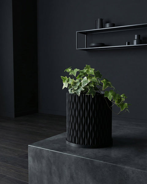 A black planter pot with a plant sits on a dark wood table. A round mirror hangs on the wall behind the plant.