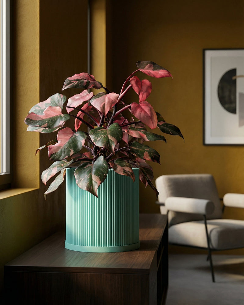 A vibrant pink princess philodendron plant in a light blue, ribbed planter pot sits atop a dark wood cabinet in a stylish room.