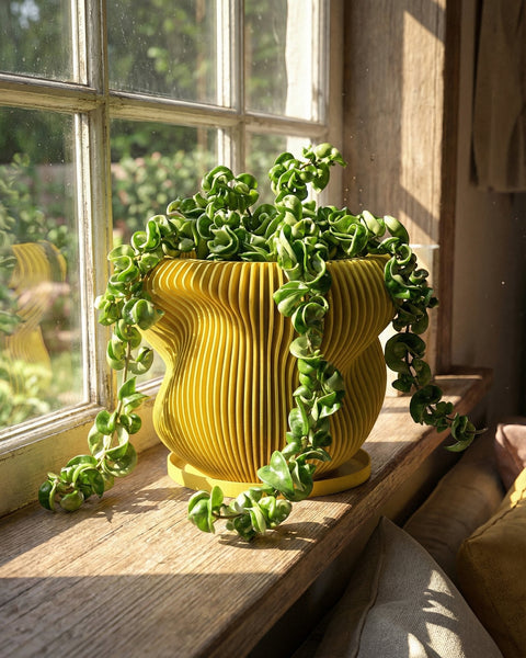A vibrant green Monstera adansonii plant sits in a yellow, ribbed planter pot on a sunny windowsill.
