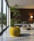 A vibrant yellow planter pot with a green plant inside sits in a modern living room with large windows and a sleek design.