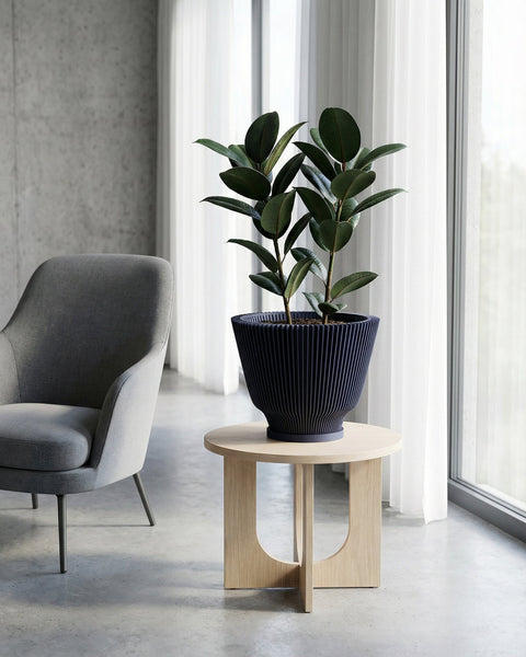 A dark blue planter pot with vertical ridges sits on a light wood table next to a gray chair. The planter contains a rubber plant with large, glossy green leaves. The background features a concrete wall and sheer white curtains.