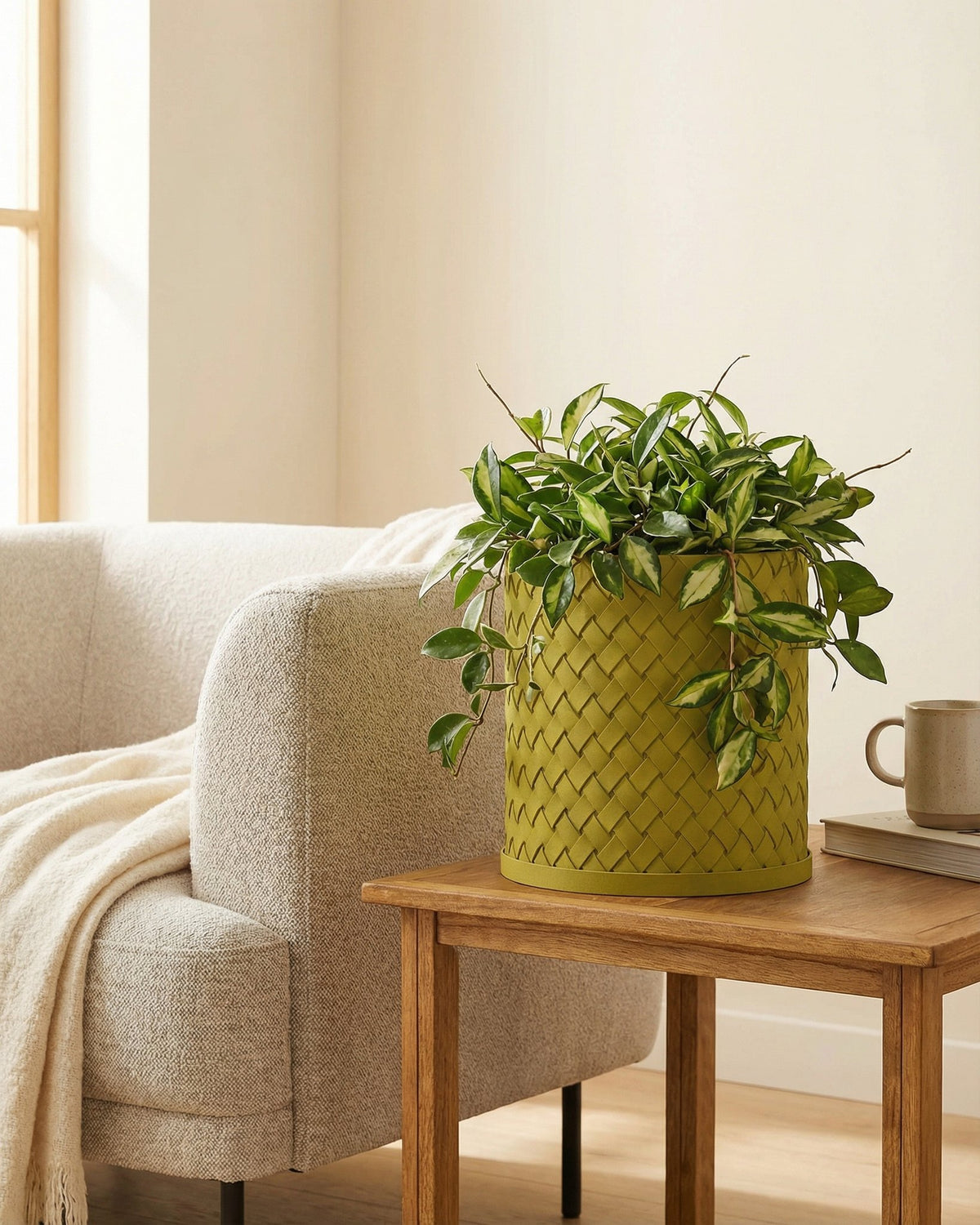 A green woven planter pot sits on a wooden side table next to a beige chair with a throw blanket. The pot contains a lush green plant.