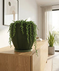 A green planter pot with a plant sits on a wooden table in a room with a rug and a basket hanging on the wall.